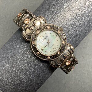Kenzia Silver Quartz Watch As Is Peach Rhinestones MOP Face Hinged Retro Vintage